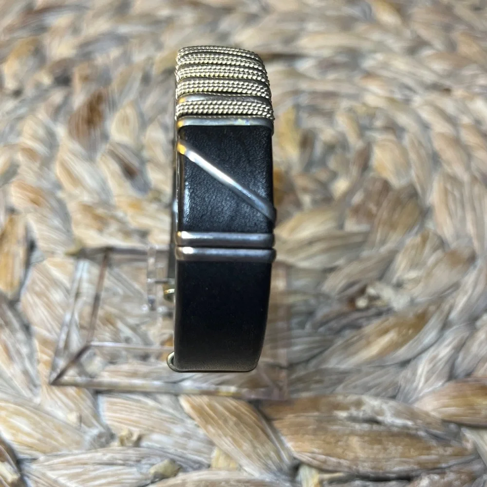 Silver Tone and Black Leather Bracelet‎